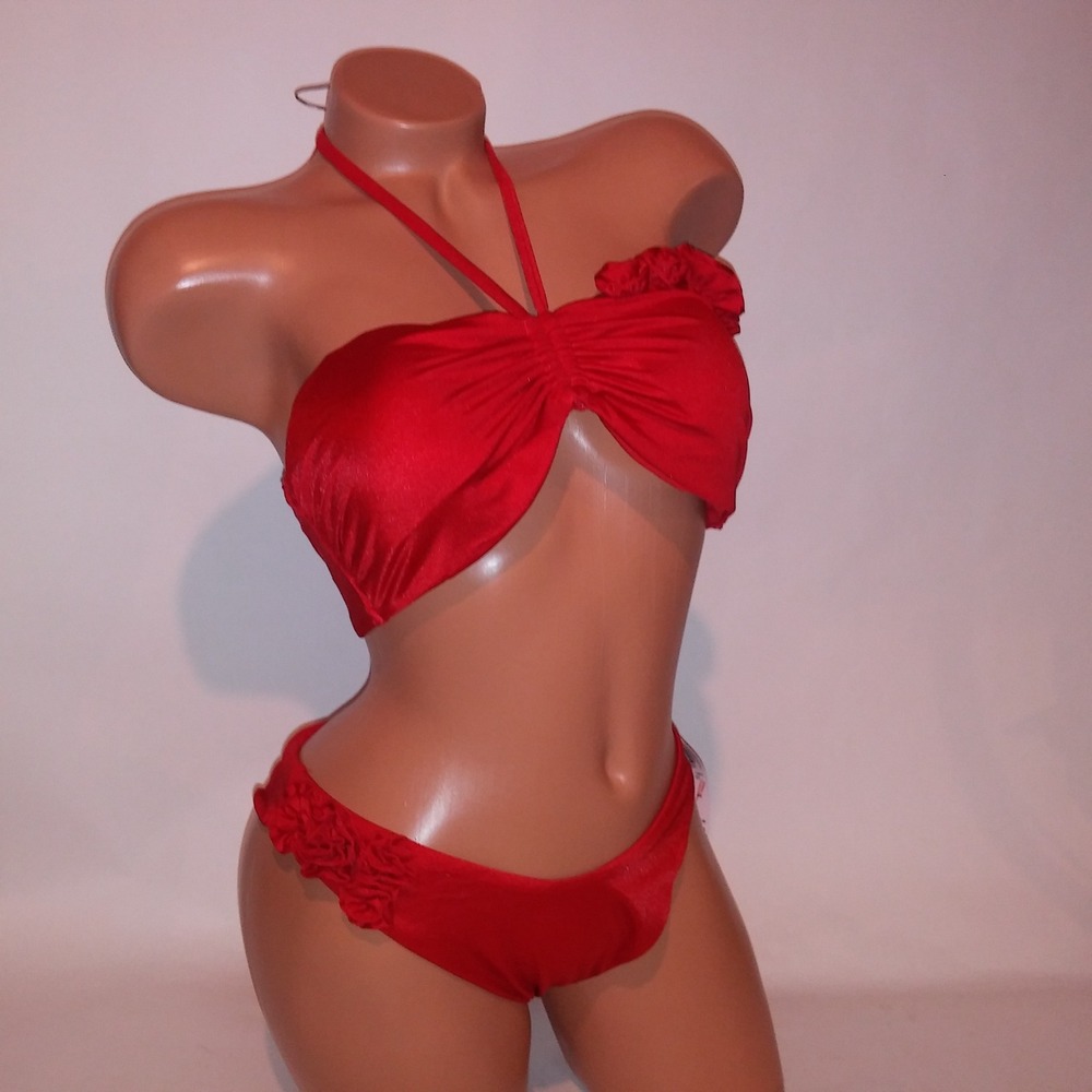 Victoria Secret Swim Bikini Large Top Medium Bottom Solid Red Floral Shimmer New
